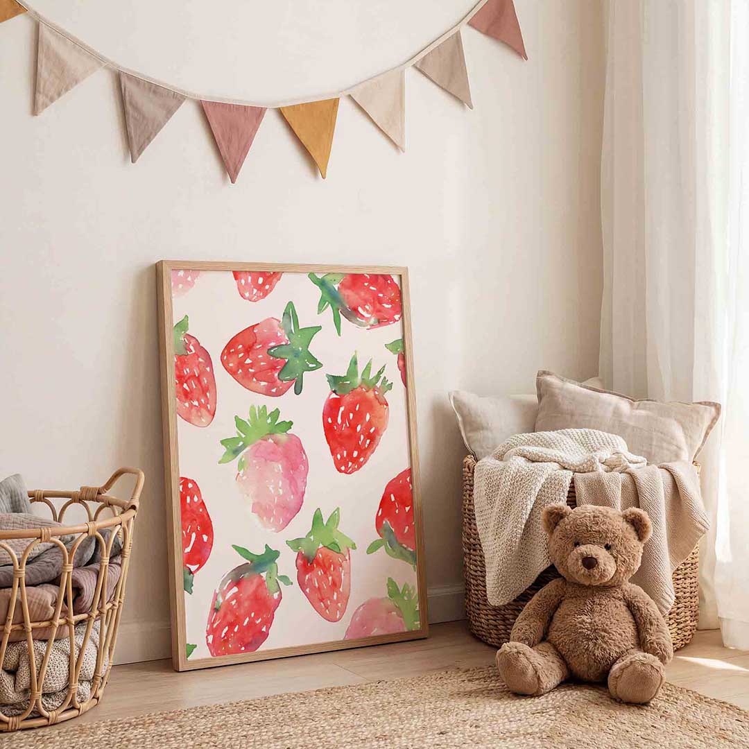 Aardbeien patroon – speelse wandkunst als portret kinderposter
