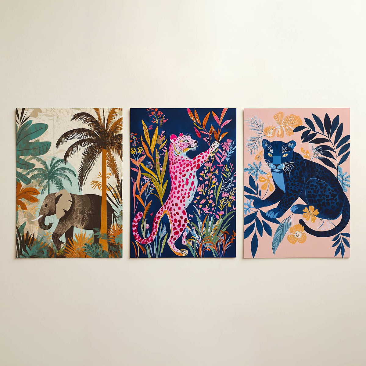 Jungle en olifant posterset – detailweergave – een olifant wandelt door een kleurrijke jungle met