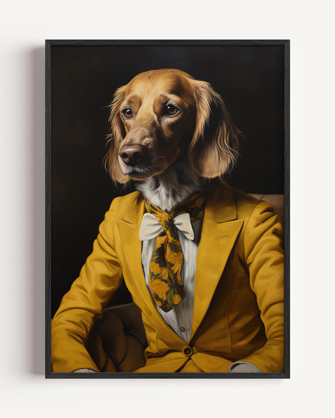 Stijlvolle Hond in Geel Kostuum – dieren portret poster als wanddecoratie