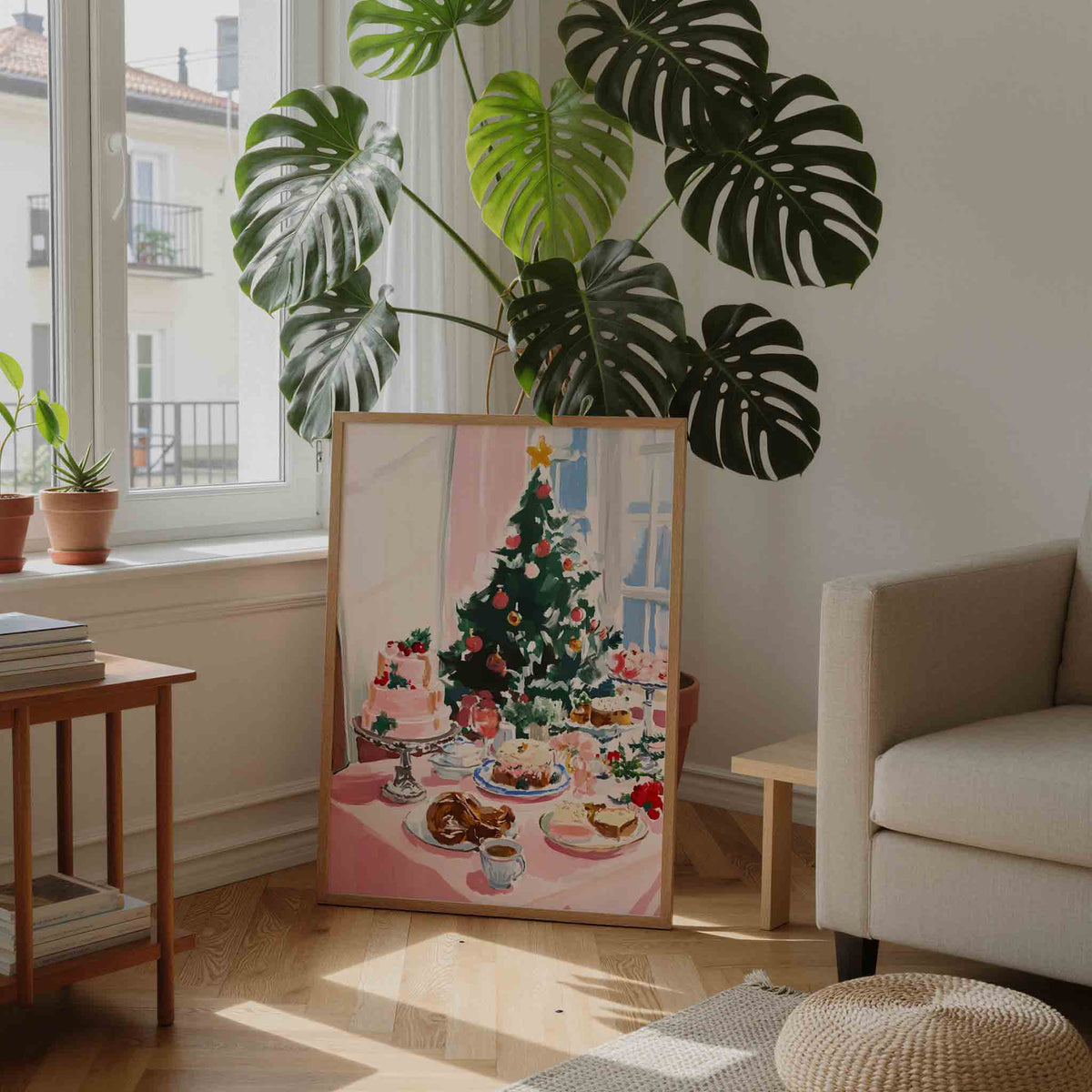 Kersttafel met taart – feestelijke wandkunst als portret poster
