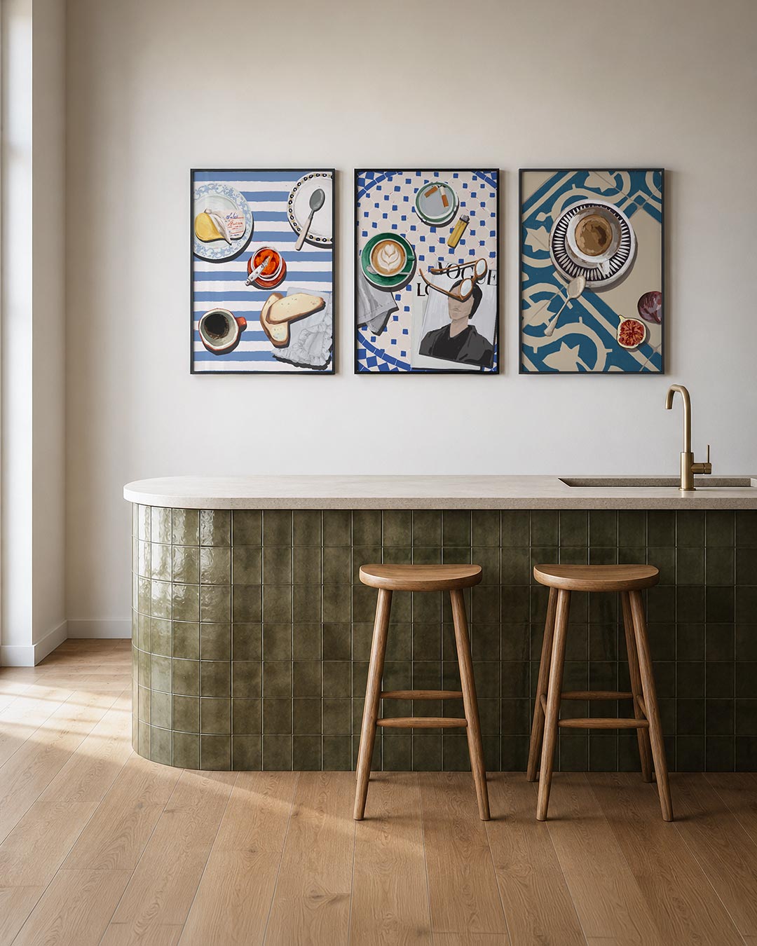 Ontbijt op strepen posterset – tweede productweergave – deze driedelige postercombinatie toont een speelse