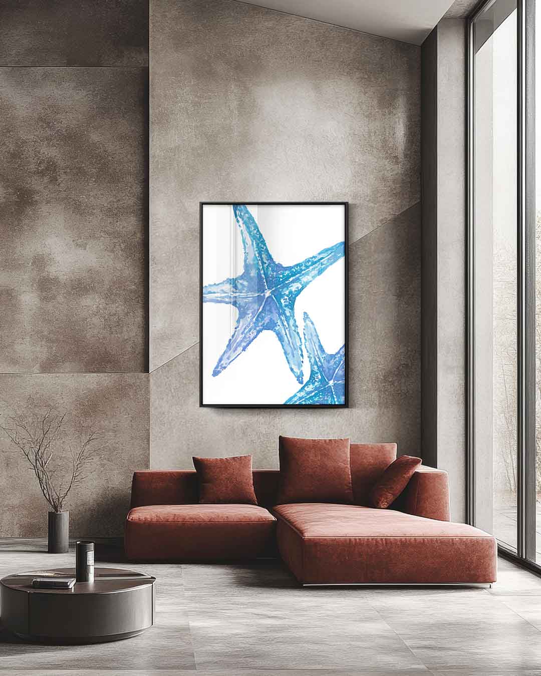 Blauwe zeester close-up – staande wandkunst voor woonkamer of interieur