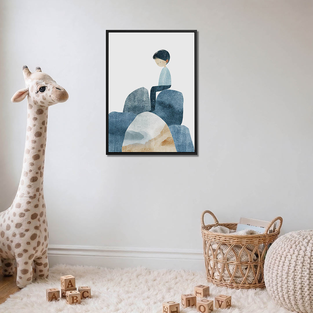 Zittende figuur op rotsen – moderne staande wandkunst