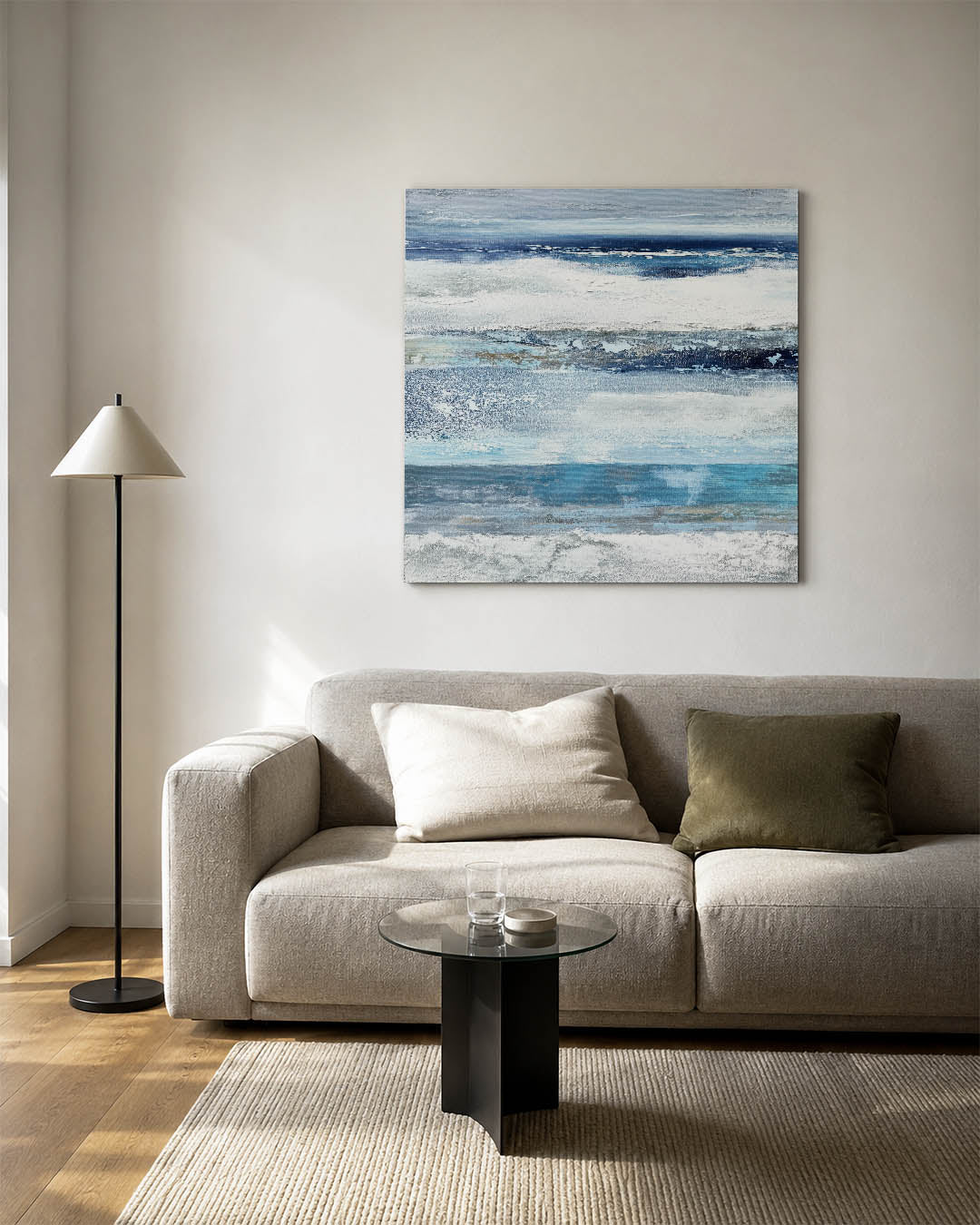 Horizontale kleurenlagen kunstwerk – vierkante wanddecoratie – dit werk toont horizontale lagen in verschillende tinten blauw