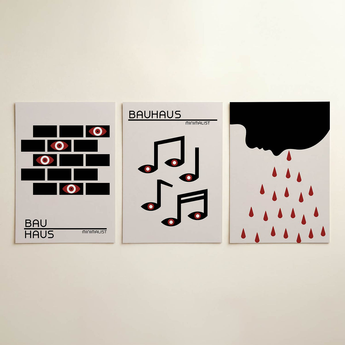 Oog en blok posterset – detailweergave – deze posterset in drie delen toont een ritme van zwarte rechthoeken met rode ogen.