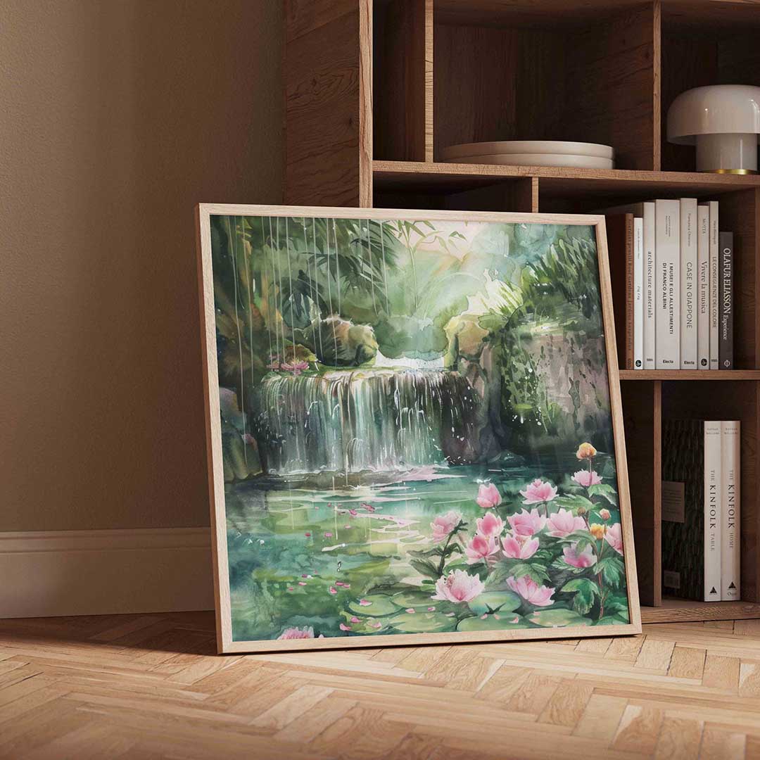 Waterval en bloemen – moderne wandkunst met kleur en vormen als poster