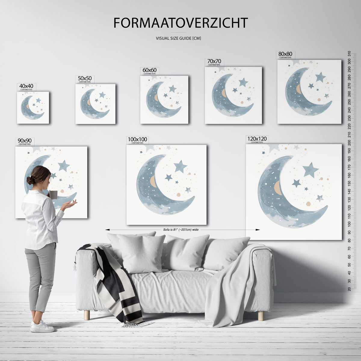 Maan en sterren – vierkante muurposter voor de kinderkamer