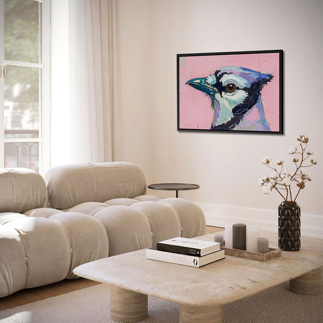 Vogelhoofd op roze – alternatieve weergave van het kunstwerk