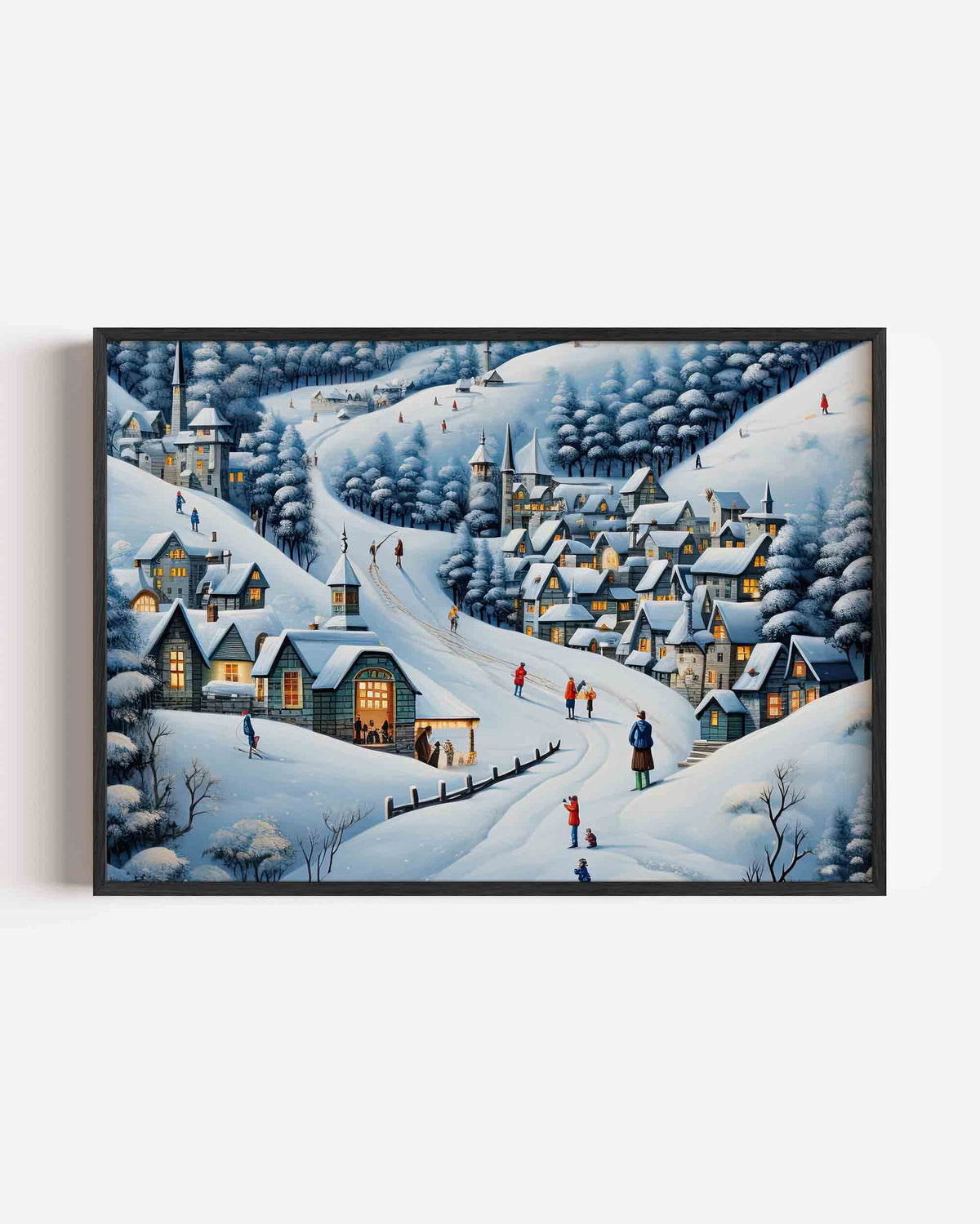 Winterdorp in de sneeuw – hedendaagse illustratie poster in landscape formaat
