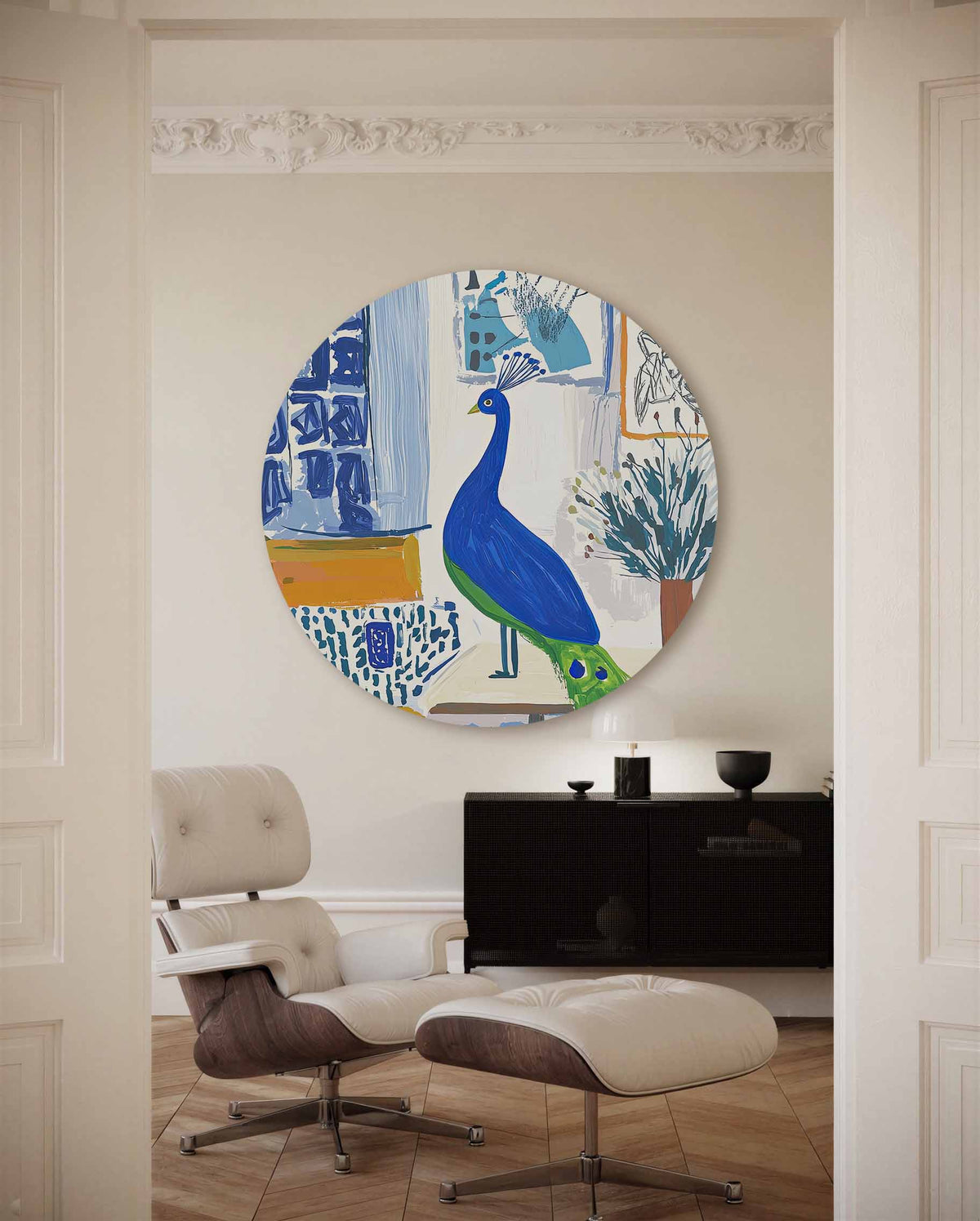 Pauw en abstracte vormen – illustratie muurcirkel als ronde muurdecoratie