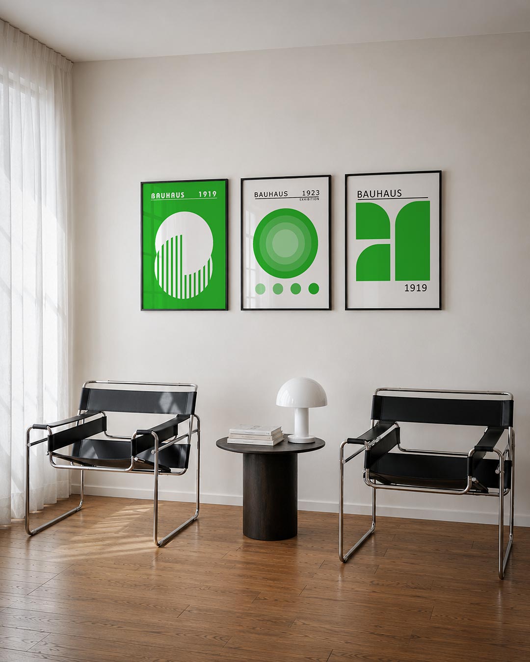 Cirkel en strepen posterset – tweede productweergave – een groene achtergrond met een witte cirkel. Binnen de cirkel zijn