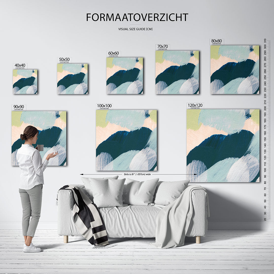Dynamische kleurencompositie kunstwerk – dit kunstwerk toont een levendige mix van gebogen penseelstreken in blauw, groen en