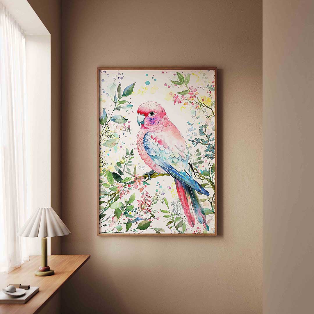 Papegaai met bloemen – staande dieren wanddecoratie van WallArtistic