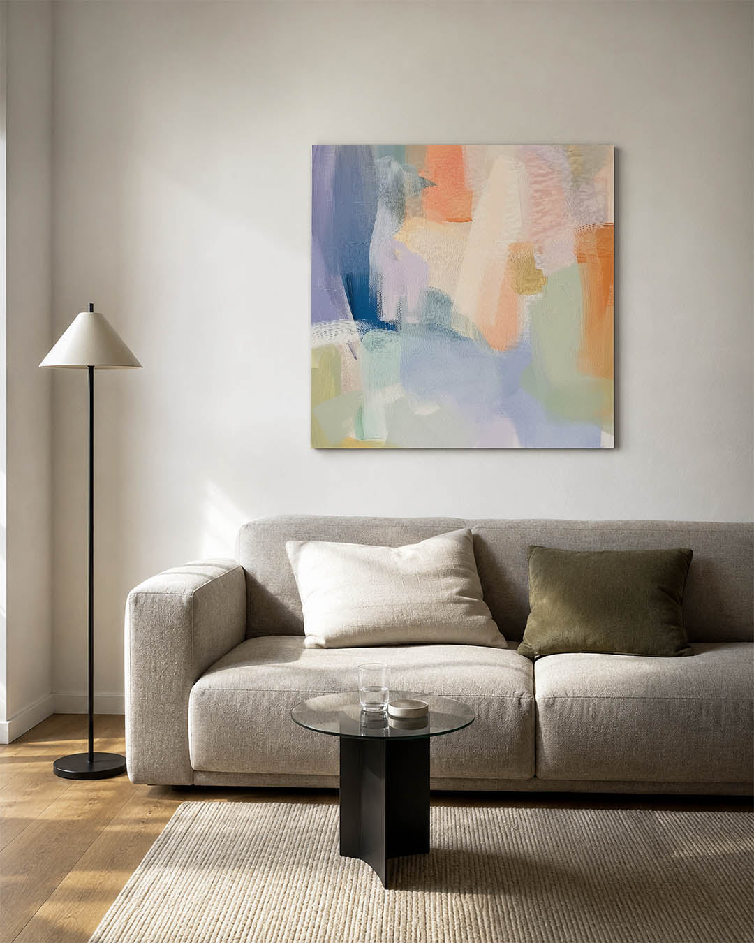 Kleurrijke vegen kunstwerk – vierkante wanddecoratie – dit kunstwerk toont een dynamische compositie van zachte, vloeiende