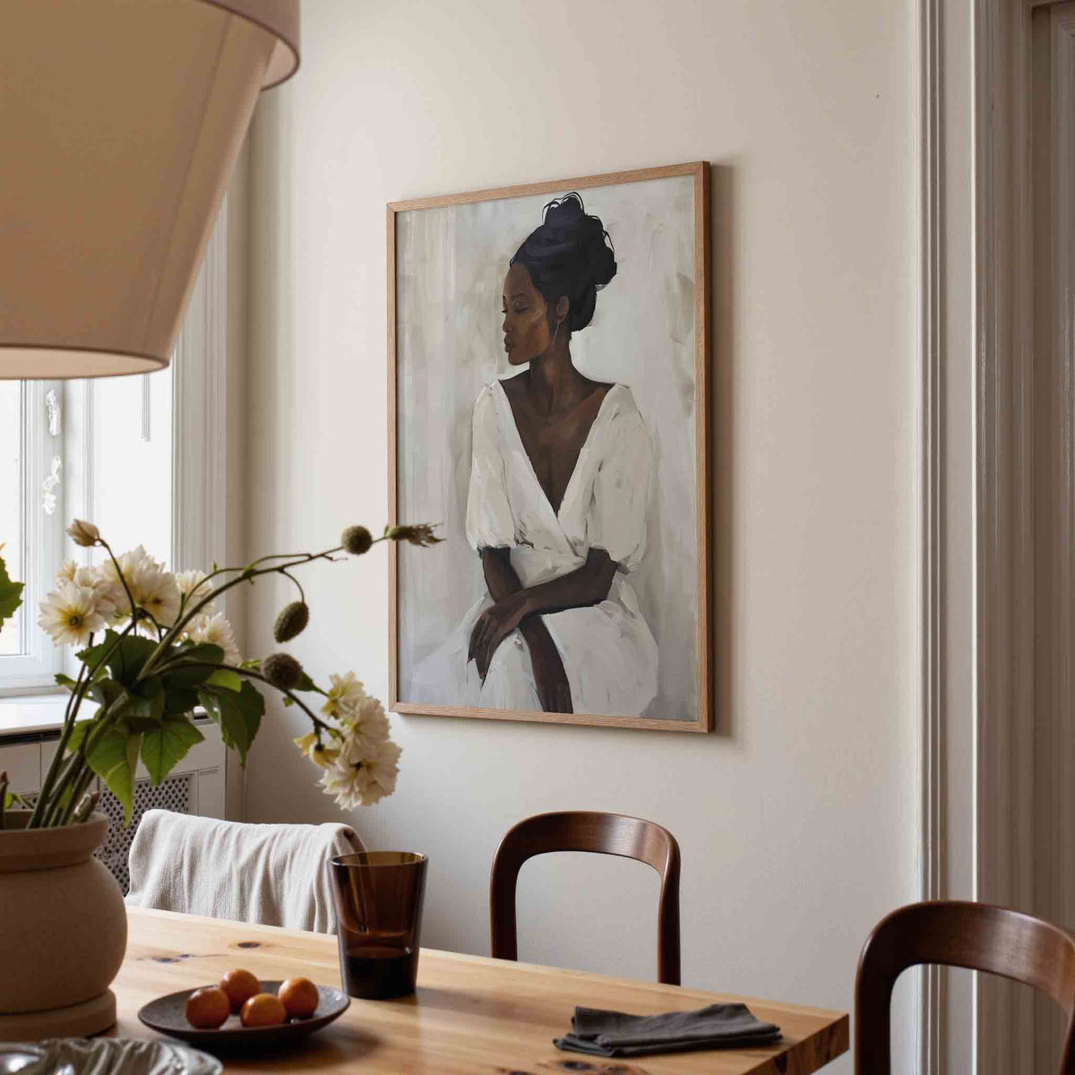 Vrouw in witte jurk – eigentijdse illustratie poster in staand formaat