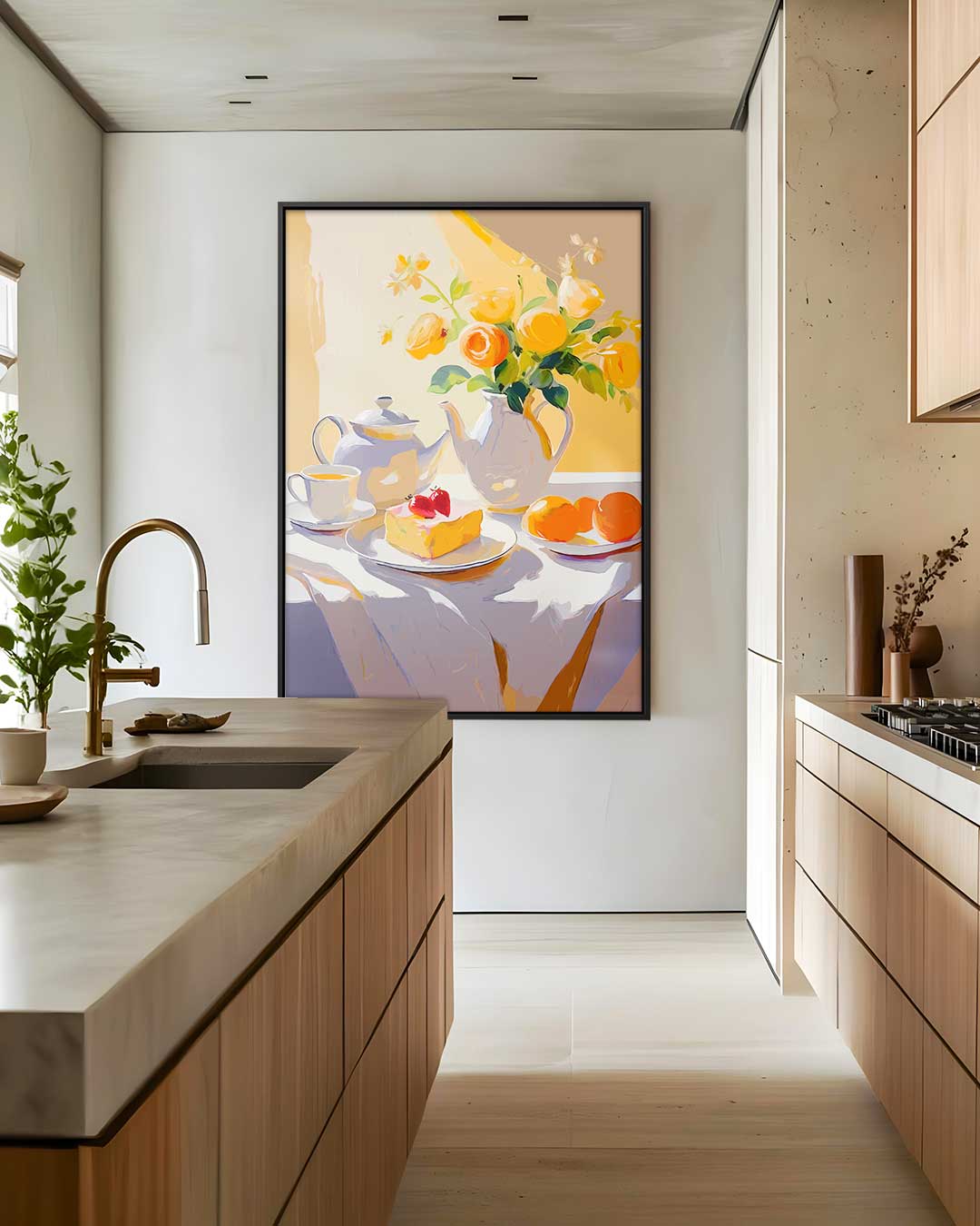 Zonovergoten Stilleven met Bloemen en Thee – staand kunstwerk voor modern interieur