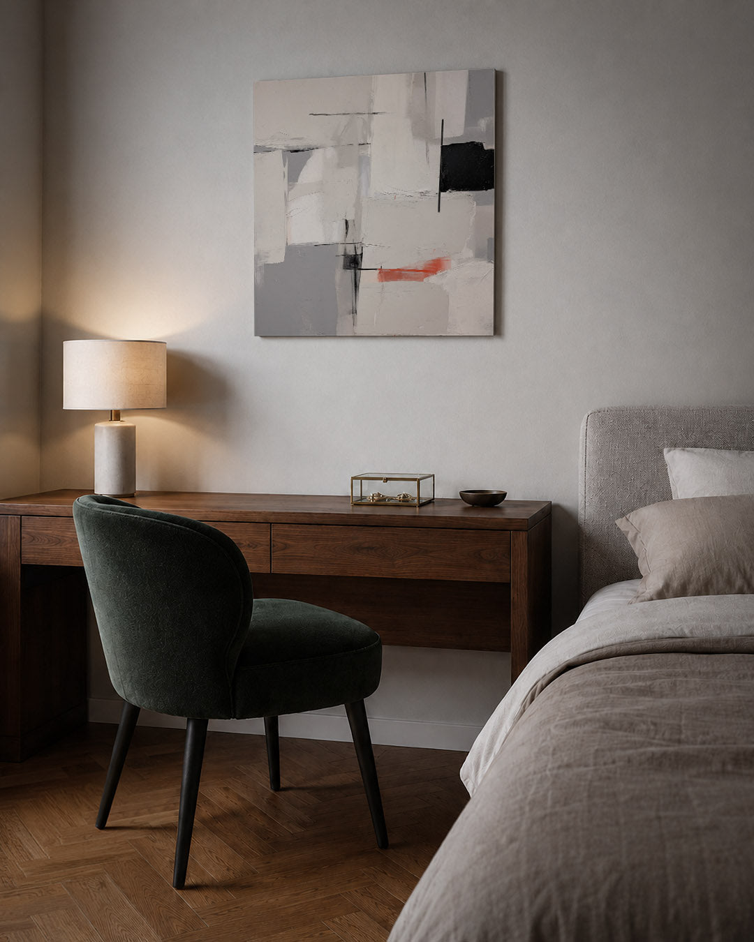 Geometrische vlakken kunstwerk – sfeerbeeld – dit werk toont een compositie van overlappende rechthoeken en lijnen in zachte