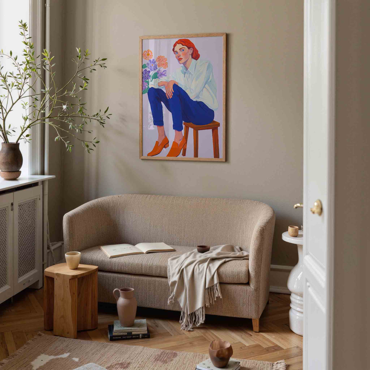 Vrouw met bloemen – pastel poster in staand formaat
