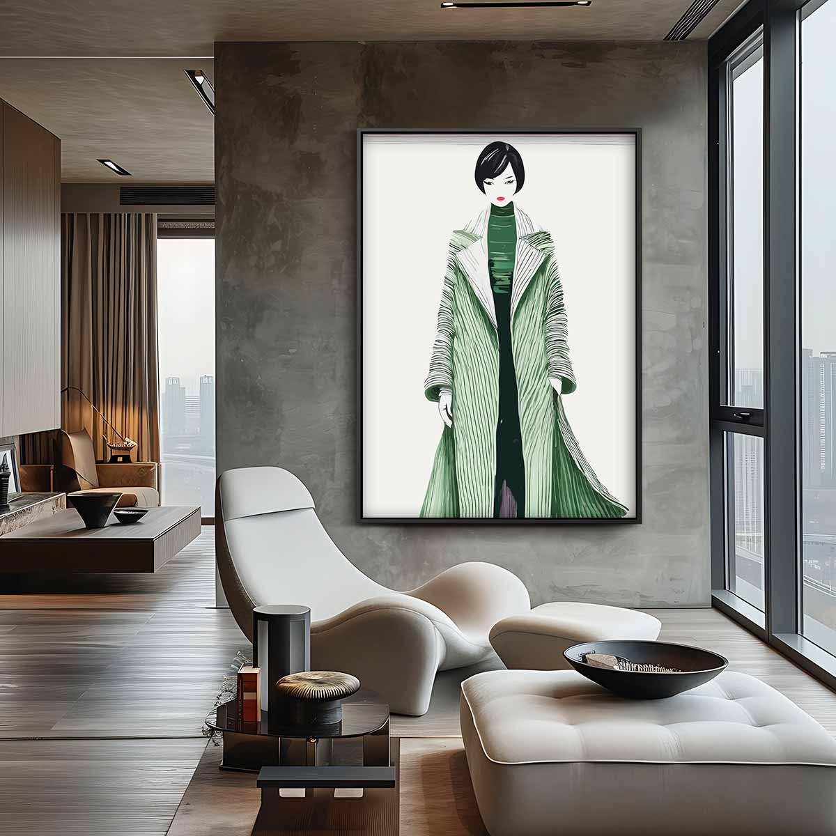 Moderne Modekunst met Groene Jas – staande wandkunst voor woonkamer of interieur