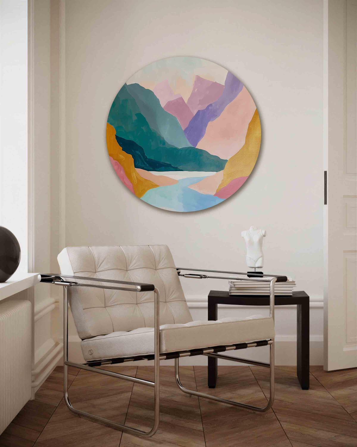 Berglandschap – kleurrijke muurcirkel als ronde wanddecoratie