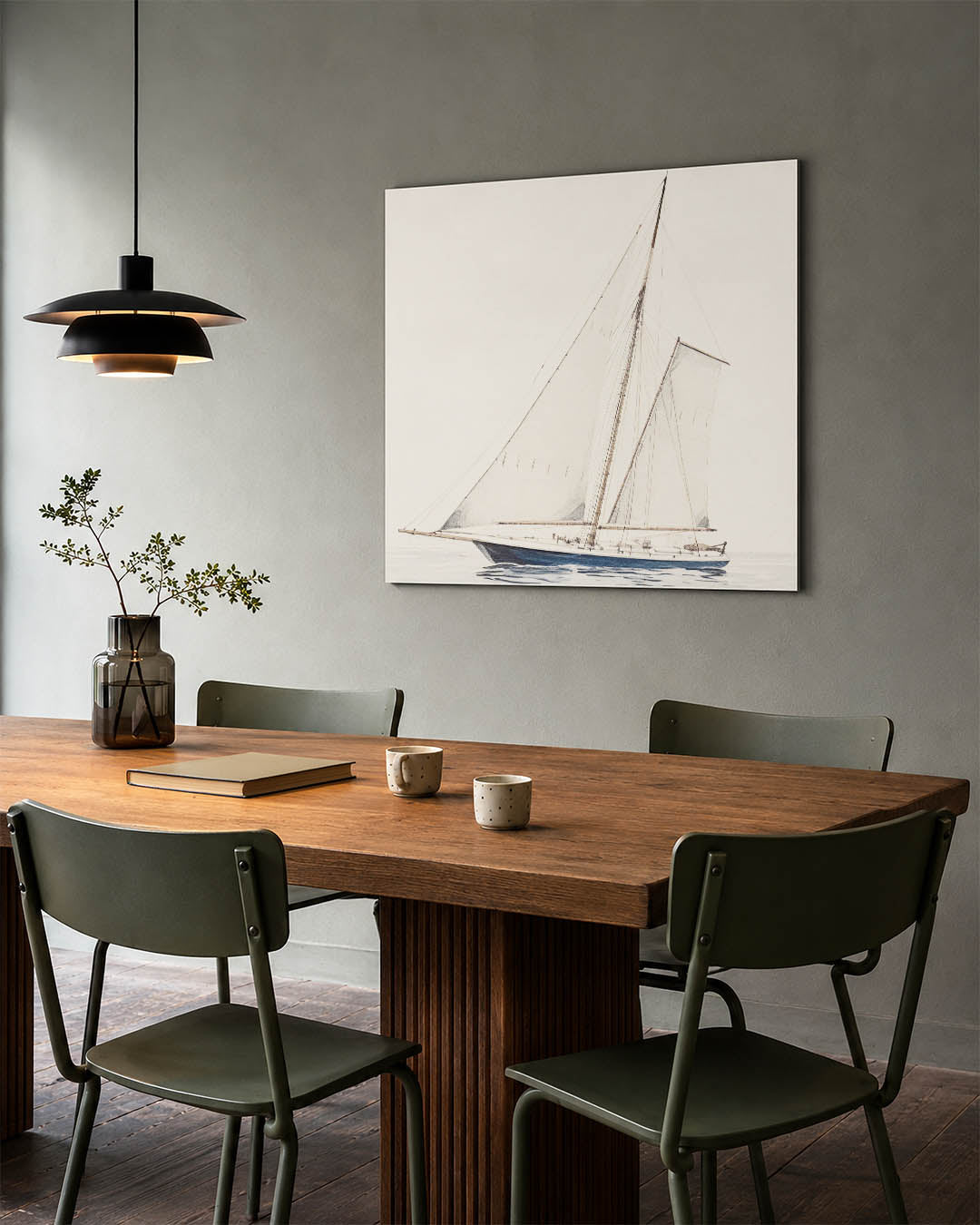 Zeilboot op zee kunstwerk – tweede productweergave – dit werk toont een elegante zeilboot met volle zeilen op een rustige