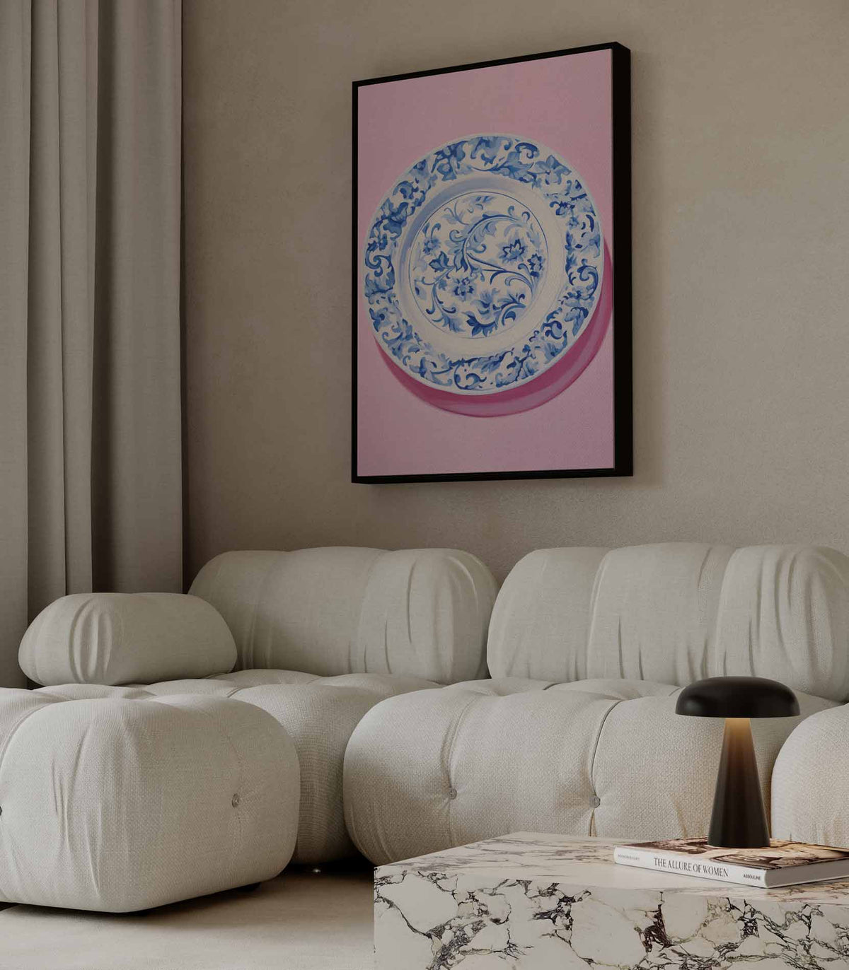 Blauwe Bloemenpracht op Roze – portret wandkunst van WallArtistic