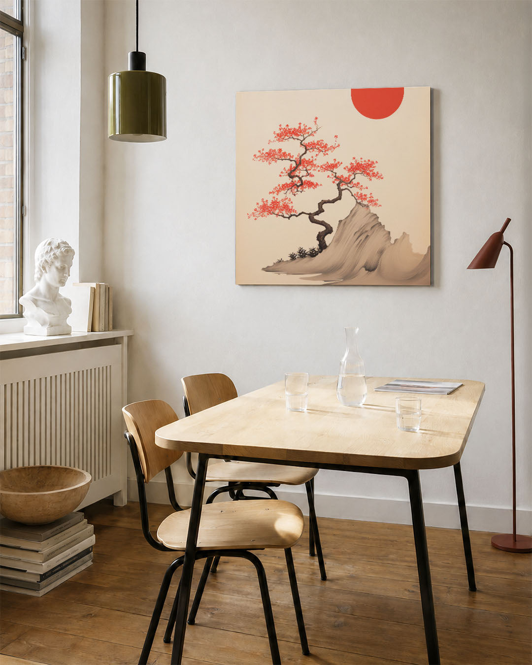 Boom en zon kunstwerk – vierkante wanddecoratie – dit werk toont een sierlijke boom met rode bloemen tegen een beige