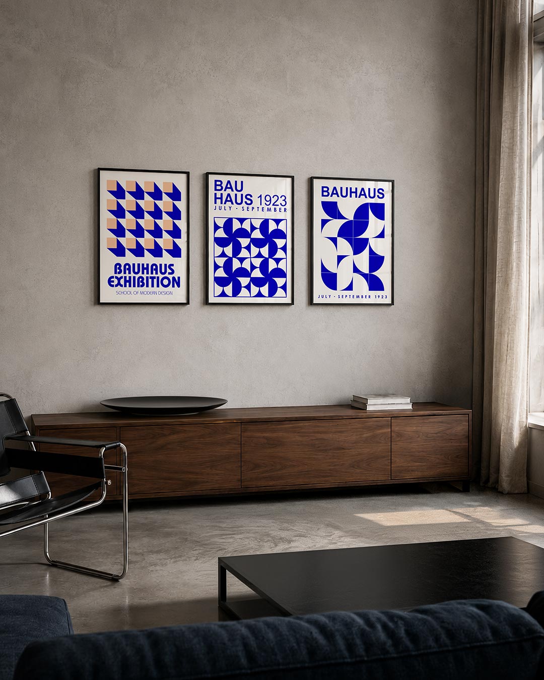 Vorm en schaduw posterset – tweede productweergave – deze posterset in drie delen toont een ritmisch patroon van blauwe en