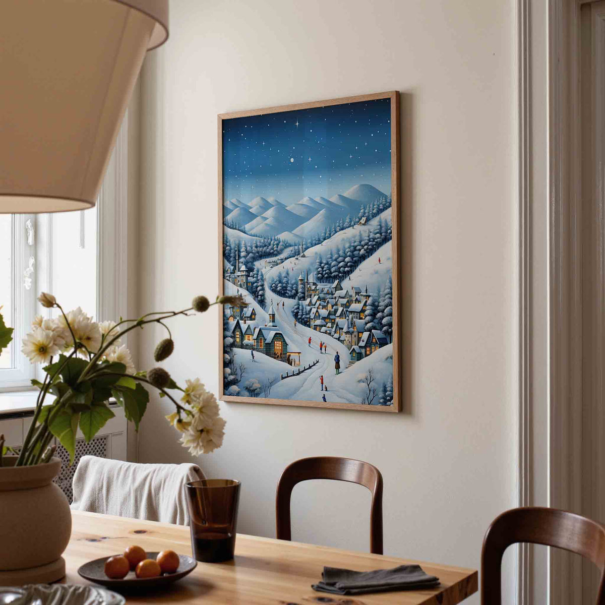 Winterdorp in de bergen – kerstposter in staand formaat