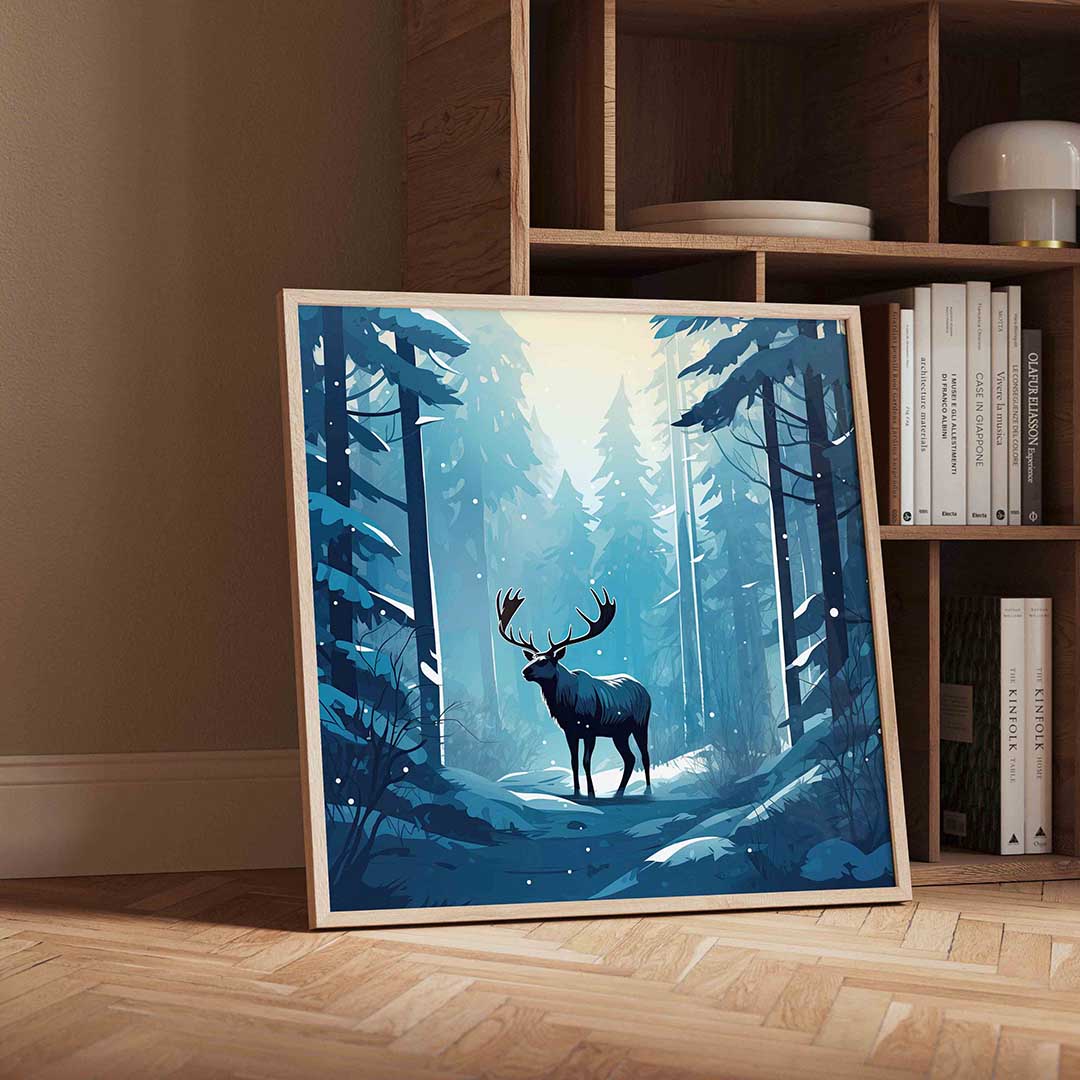 Hert in winterbos – vierkante kerst wanddecoratie van WallArtistic