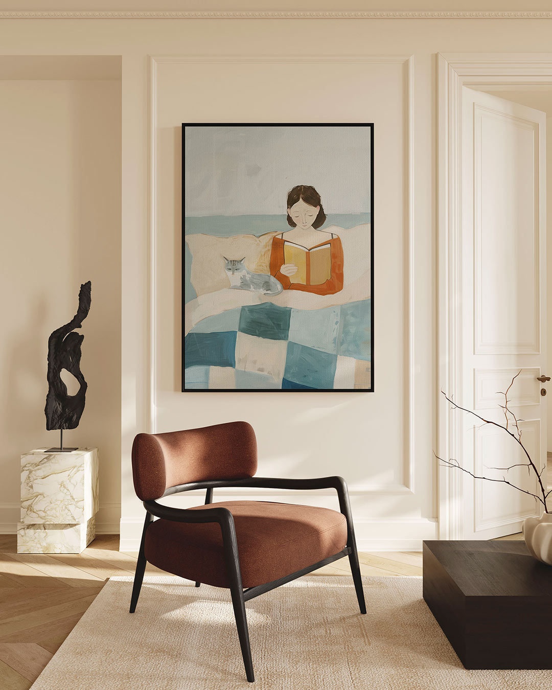 Rustige leesscène – staande wanddecoratie