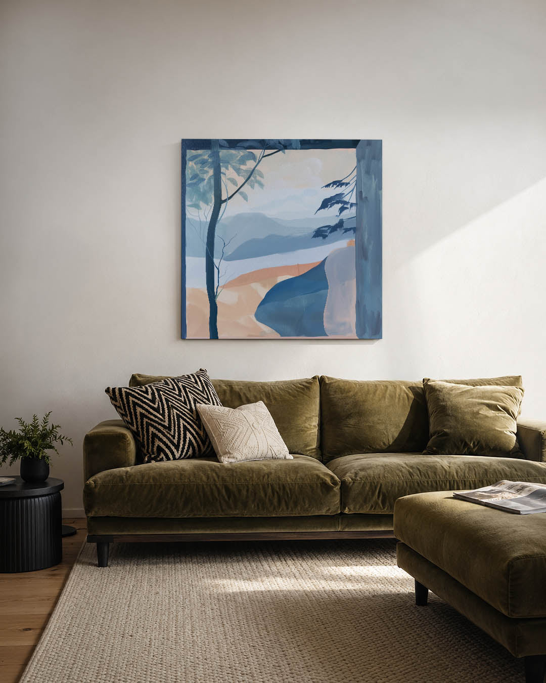 Landschap met blauwtinten kunstwerk – derde productweergave – dit werk toont een serene compositie van vloeiende lijnen en