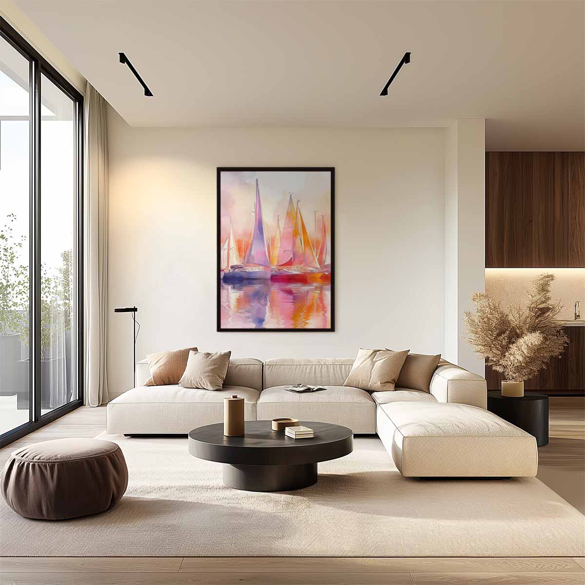 Kleurrijke Zeilboten in Zonsopgang – staand kunstwerk voor modern interieur