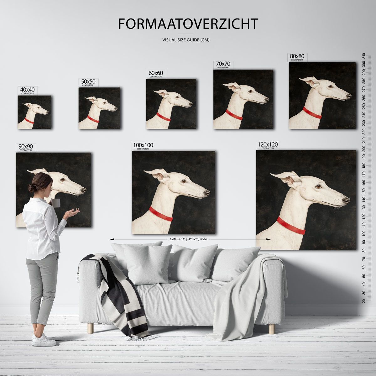 Witte windhond – vierkante muurposter voor een modern interieur