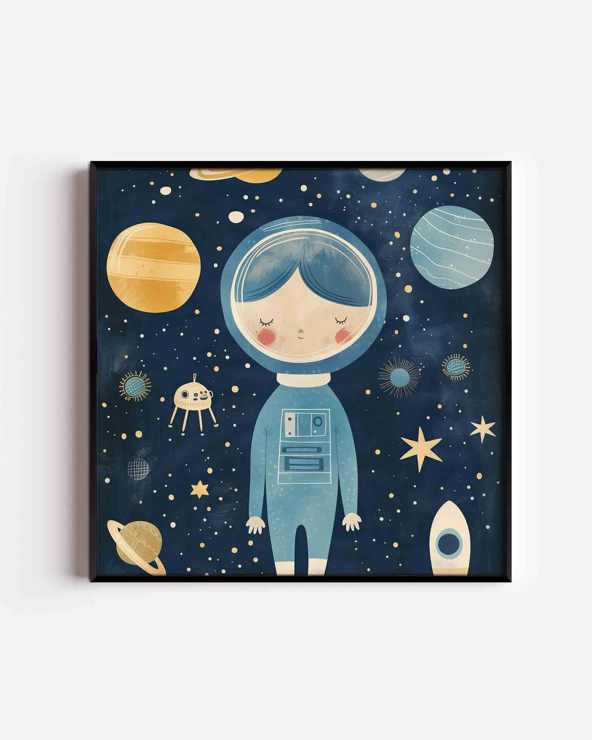 Astronaut en planeten – vierkante kinderposter als wanddecoratie