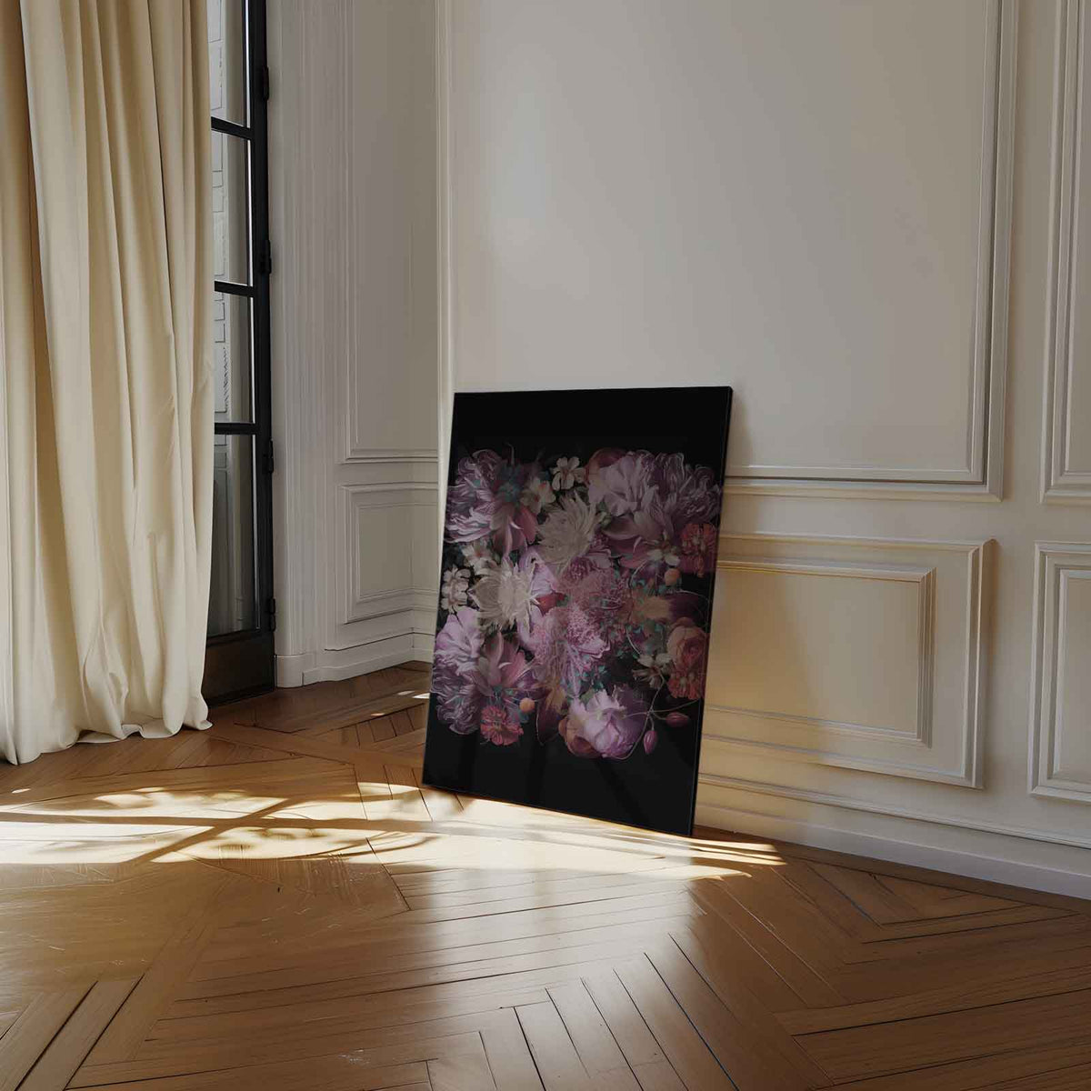 Bloemenpracht op Zwart – dibond kunstwerk als wanddecoratie