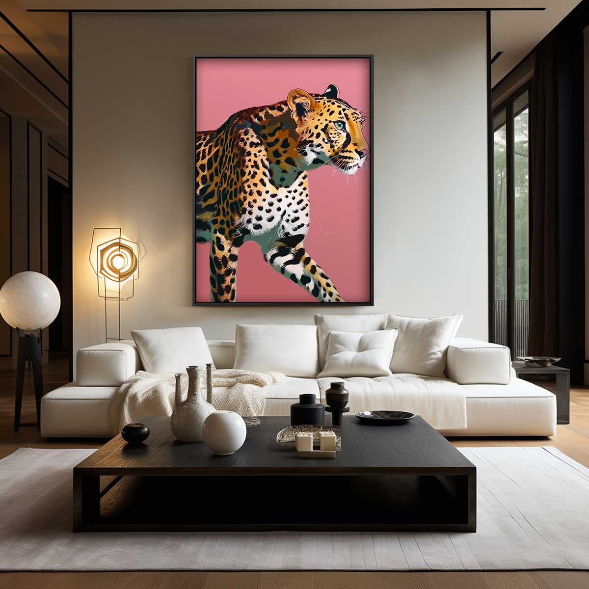 Elegante Luipaard op Roze Achtergrond – kunstwerk met zwarte baklijst