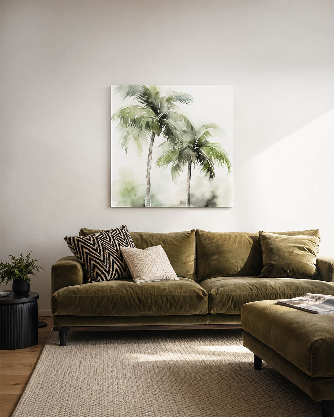 Tropische palmbomen kunstwerk – sfeerbeeld – dit kunstwerk toont twee weelderige palmbomen met groene bladeren tegen een