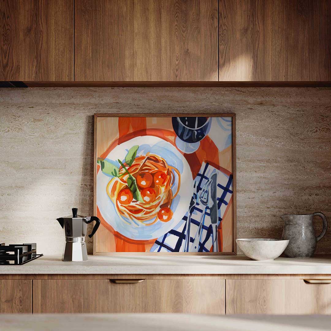 Spaghetti en wijn – culinaire wandkunst als vierkante poster