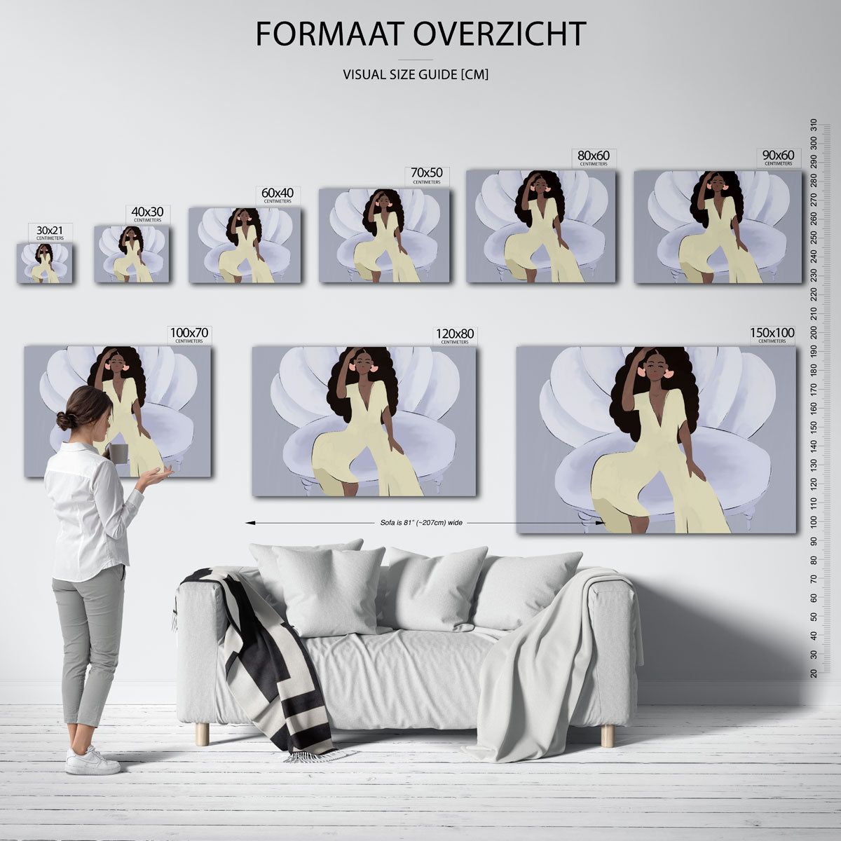 Vrouw op schelpstoel – landscape muurposter met eigentijdse illustratie