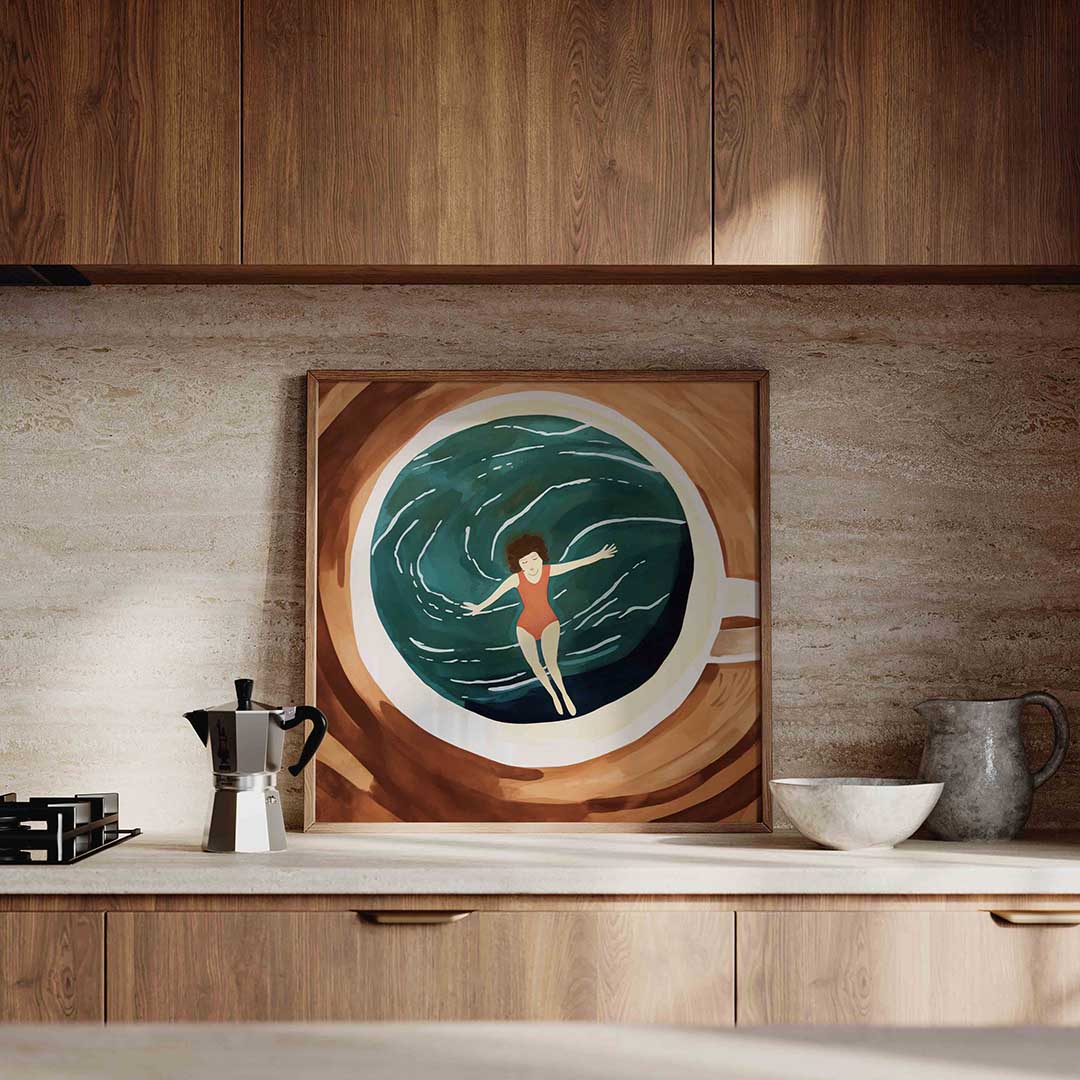 Zwemmer in kopje – culinaire wandkunst als vierkante poster