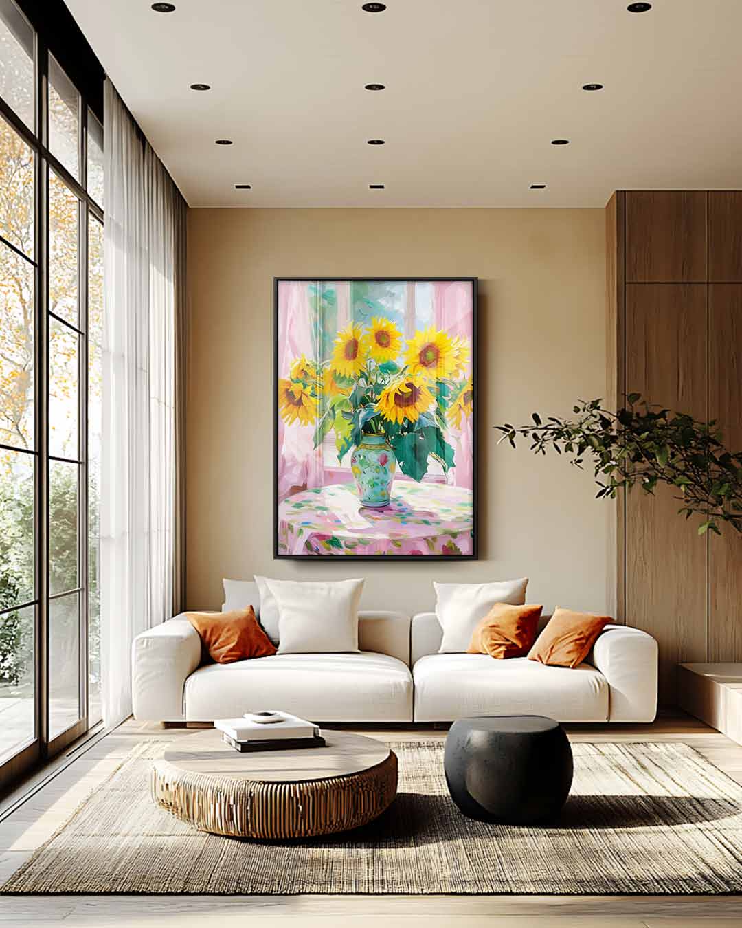 Zonnige Zonnebloemen in Vensterlicht – plexiglas wanddecoratie in portret formaat