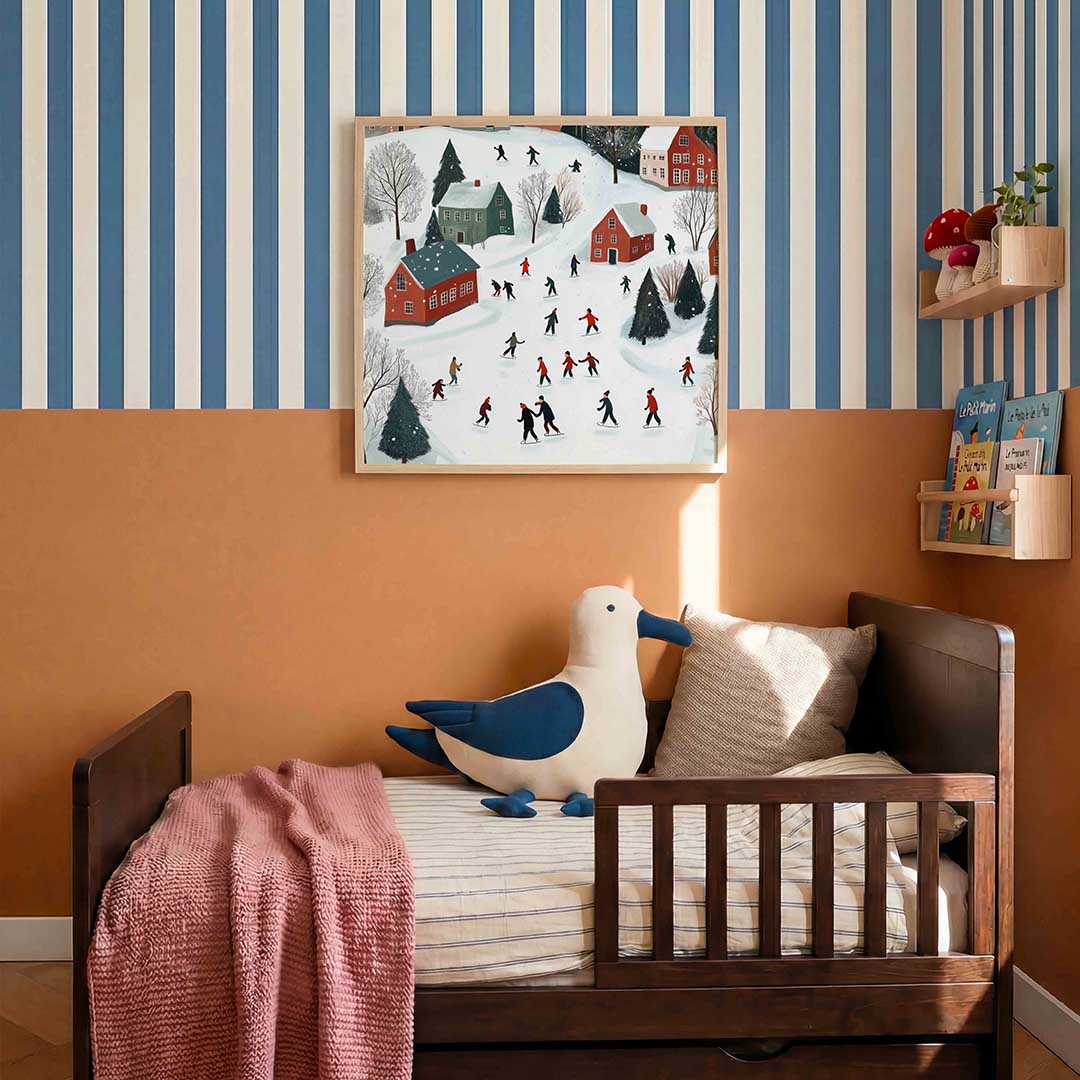 Schaatsers in winterlandschap – kids poster in vierkant formaat