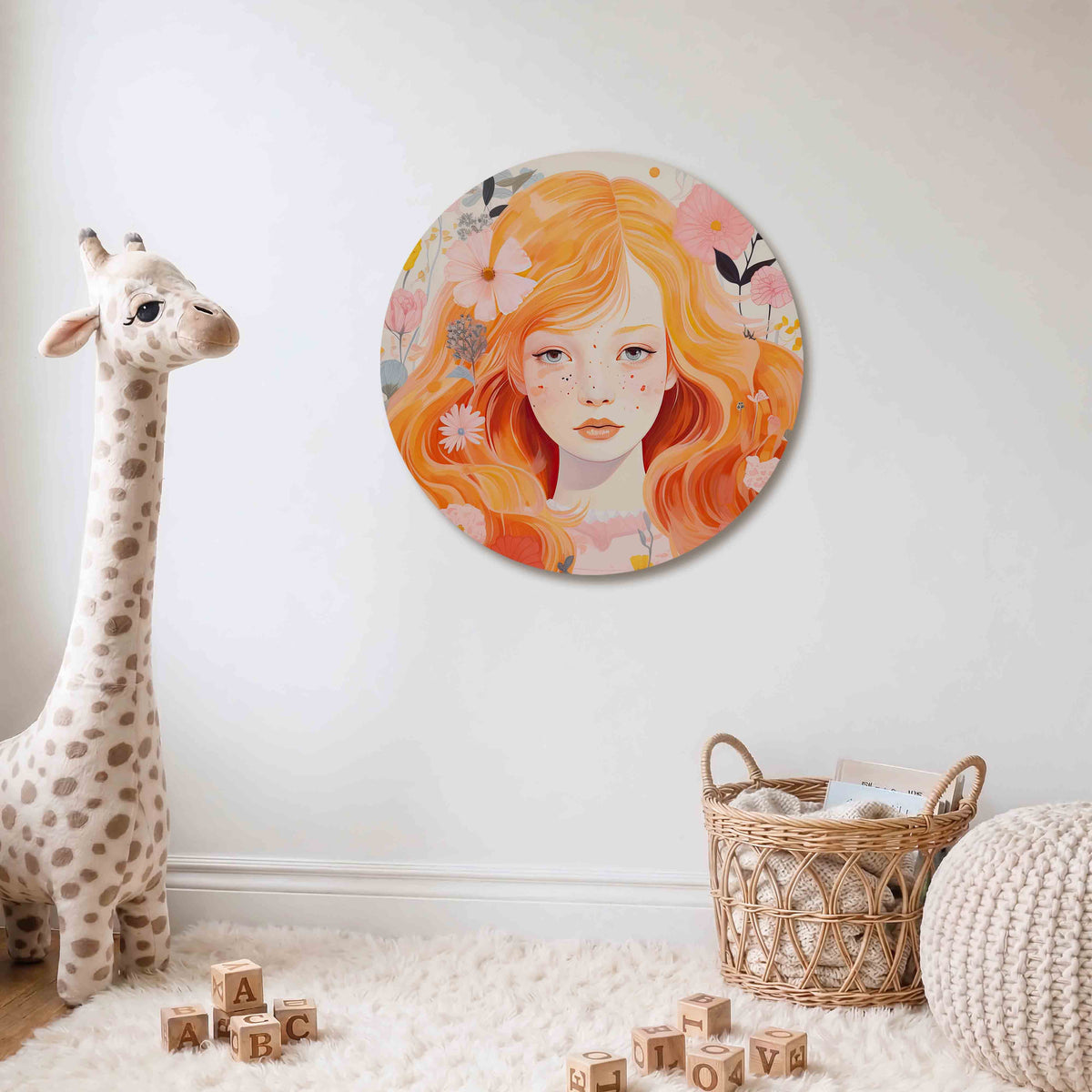 Meisje met bloemen Muurcirkel – Een meisje met oranje haar omringd door diverse bloemen in pastelkleuren.