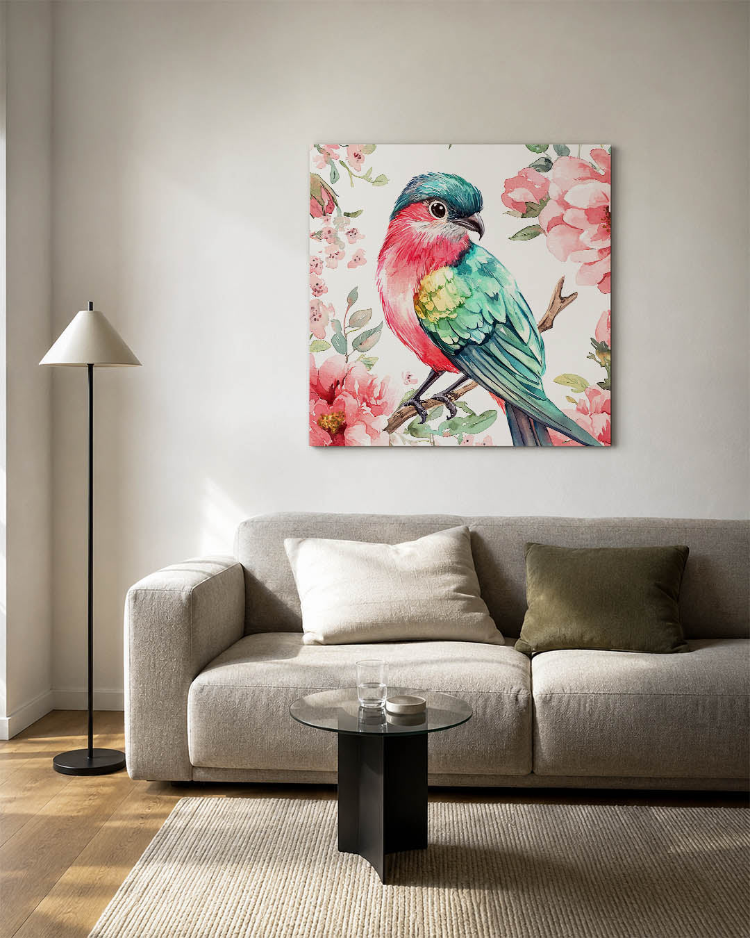 Vogel en bloemen kunstwerk – detailweergave – dit kunstwerk toont een kleurrijke vogel omringd door bloemen. De levendige