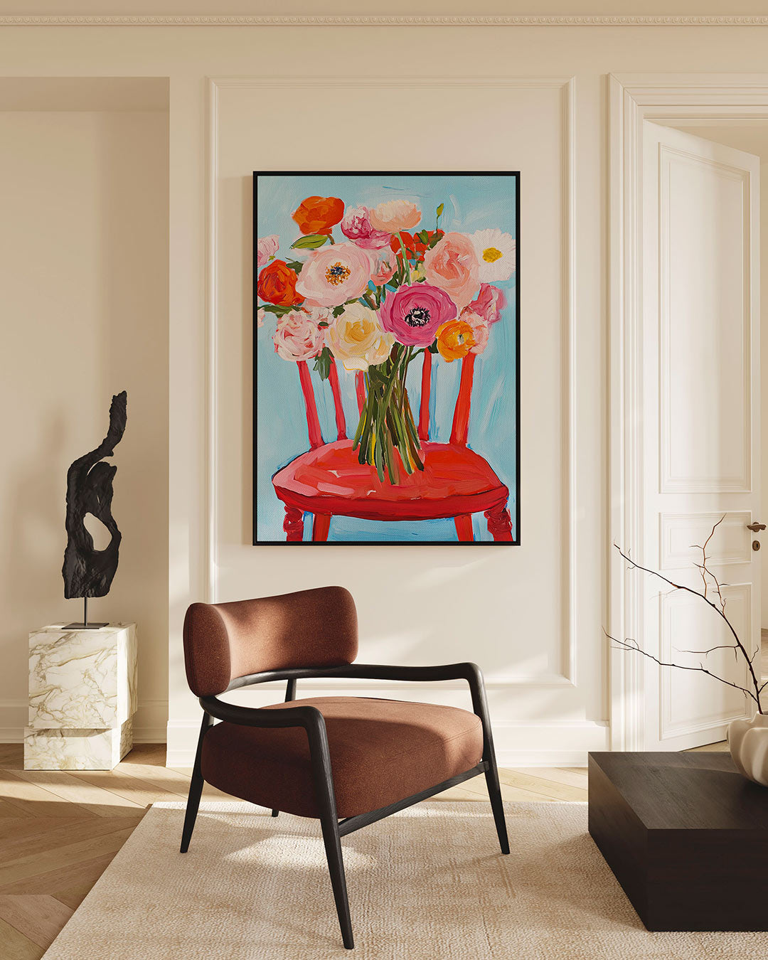 Bloemen op stoel – staand wanddecoratie kunstwerk