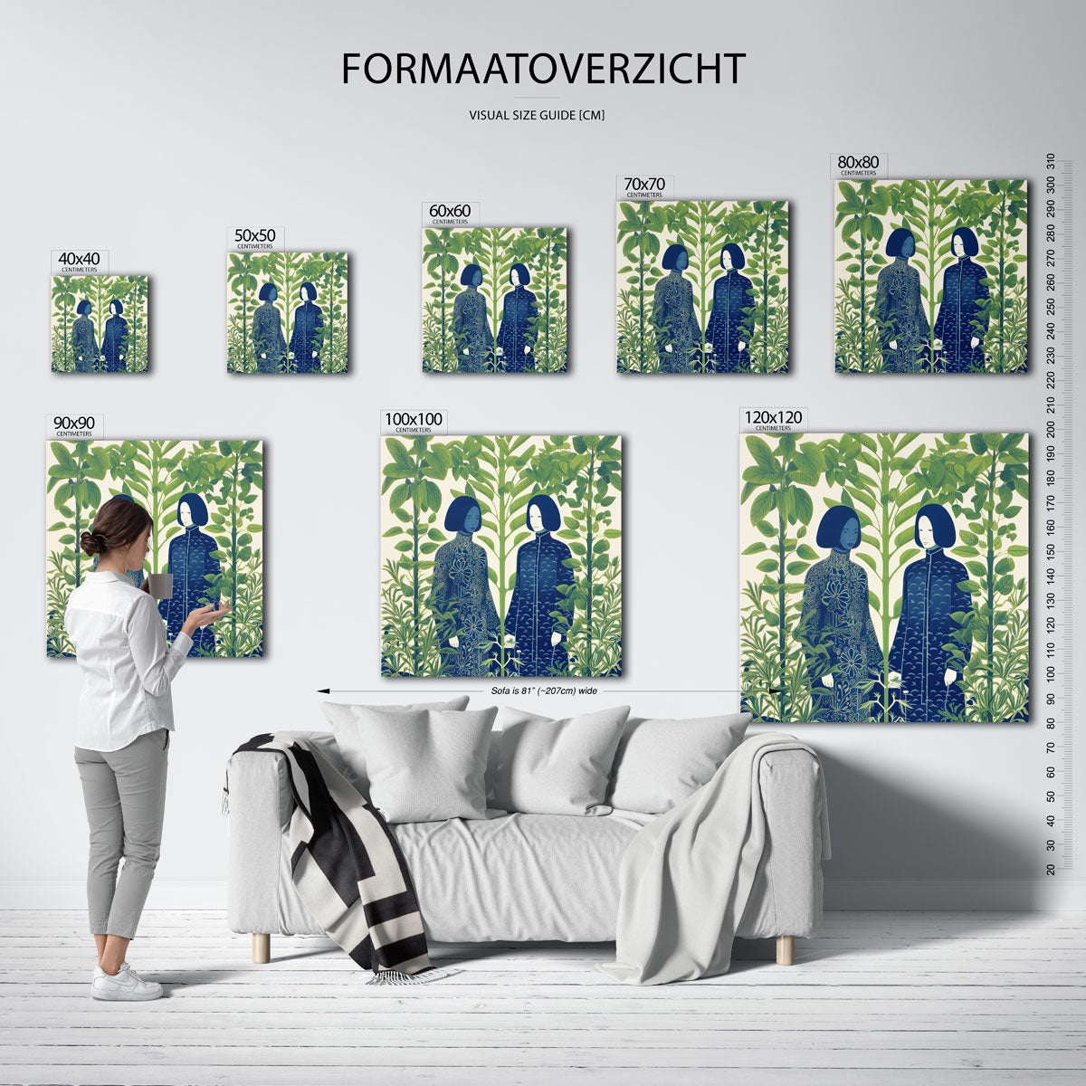 Twee figuren tussen groene planten – vierkante muurposter met kleurrijke illustratie