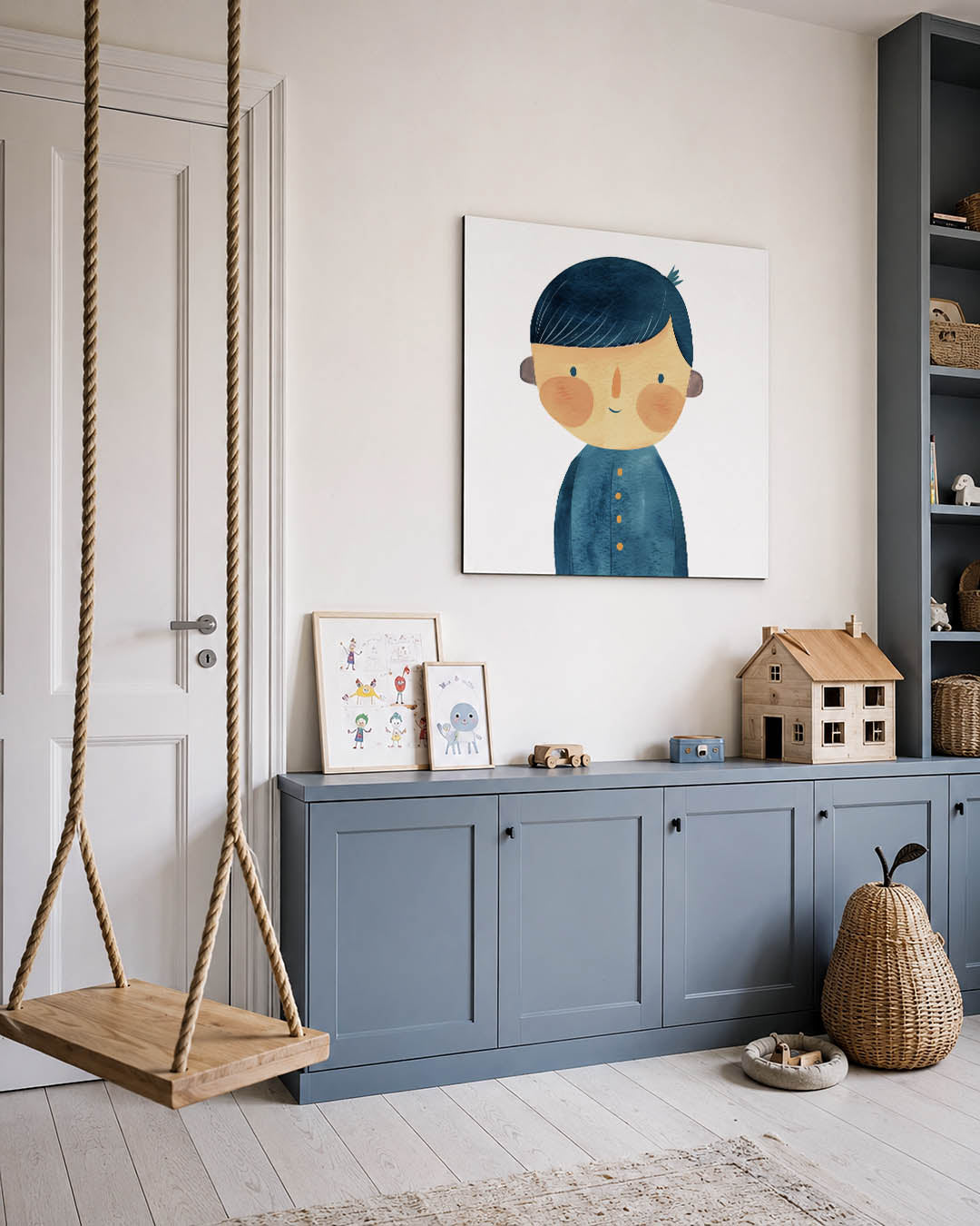 Vrolijke illustratie kunstwerk – vierkante wanddecoratie – dit kunstwerk toont een vriendelijk gezicht met blauwe tinten en
