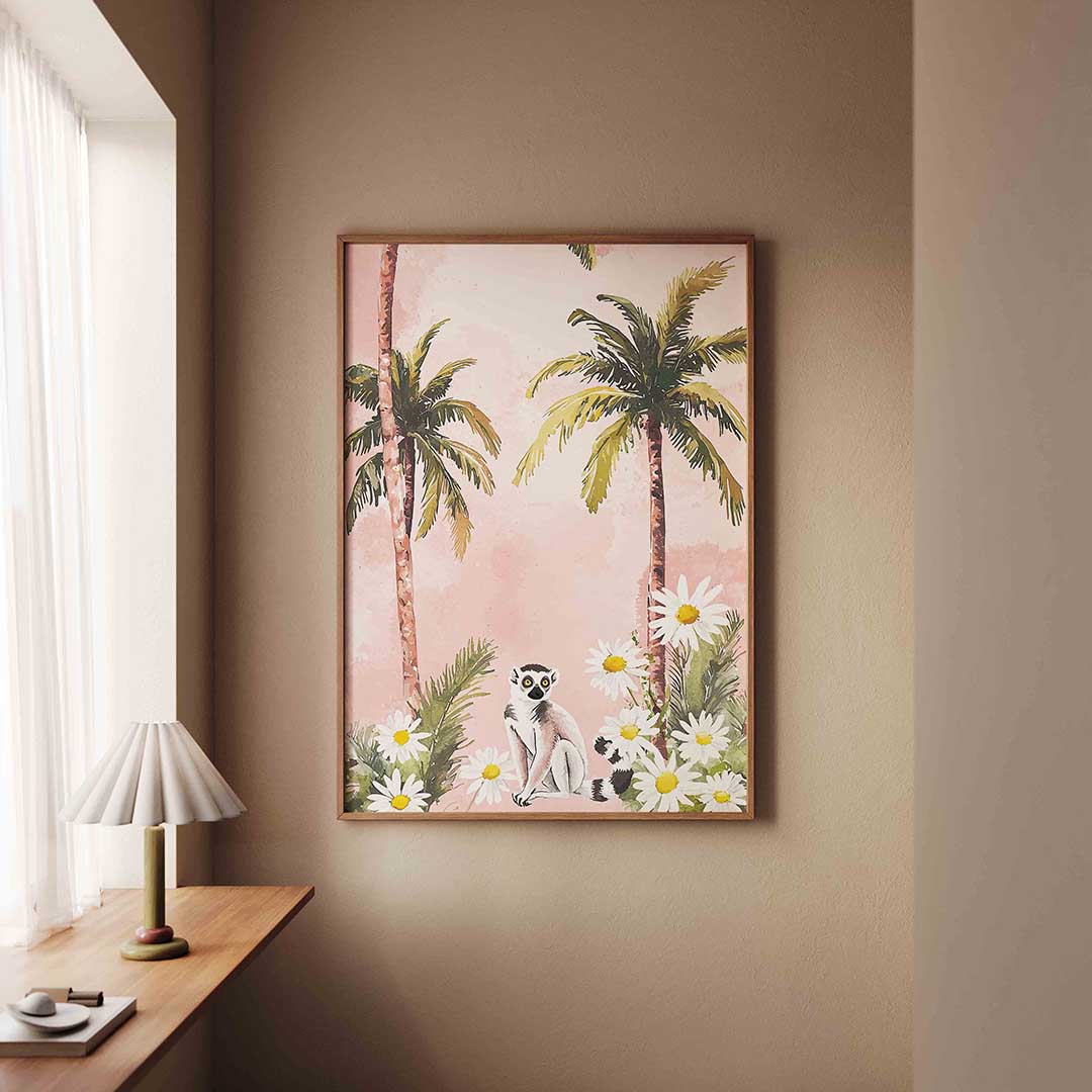 Lemur en palmbomen – staande dieren wanddecoratie van WallArtistic