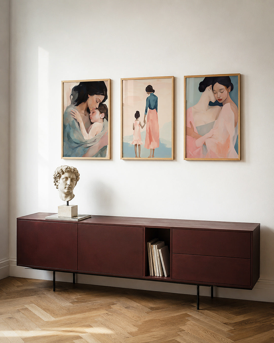 Zachte omhelzing posterset – detailweergave – een compositie van vloeiende lijnen en zachte kleuren